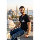 Exve Exclusive Siyah Üzerine Beyaz Istanbul Yazılı ve Cami Silüeti Baskılı Erkek Tişört Pamuk Penye T-Shirt - Siyah - Beyaz