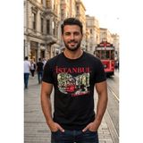 Exve Exclusive Siyah Üzerine Kırmızı Istanbul Yazılı Nostaljik Tramvay Fotoğraf Baskılı Erkek Tişört Pamuk Penye T-Shirt - Siyah - Kırmızı