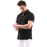 Exve Exclusive Siyah Yaka Içi ve Göğüs Pat Bal Peteği Detaylı Slim Fit Kısa Kollu Pamuk Gömlek - XL