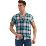 Exve Exclusive Turkuaz Lacivert Gri Ekoseli Pamuk Nefes Alan Slim Fit Kısa Kollu Erkek Gömlek - XL - Mavi