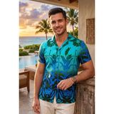 Exve Exclusive Turkuaz Mavi Yeşil Geçişli Etnik Doğal Nefes Alan Viskon Rahat Kısakol Yazlık Soft Hawaii Gömlek - 2XL