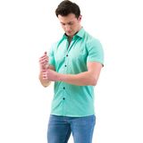Exve Exclusive Turkuaz Üzeri Lacivert Desen Baskılı Slim Fit Kısa Kollu Pamuk Gömlek