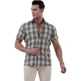 Exve Exclusive Yeşil Bordo Beyaz Ekose Kareli Slim Fit Kısa Kollu Yazlık Gömlek