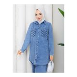 exxit collection Kadın Tesettür Kot Takım Önü Düğme Cep Detaylı Ceket Tunik Boy Pantolon Takım