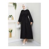 exxit collection Kadın Tesettür Siyah Sabit Kuşaklı Modern Şık Uzun Gece Elbise Kıyafet