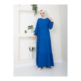 exxitcollection Kadın Ayrobin Mavi Şık ve Rahat Kesim Kumaş Boydan Tesettür Elbise