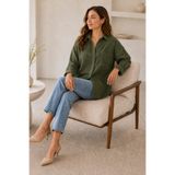 exxitcollection Kadın Haki Pamuklu Keten Gömlek - Oversize Salaş Uzun Kollu Cepli Kadın Tesettür Gömlek Overshirt