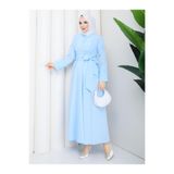 exxitcollection Kadın Tesettür Bebek Mavisi Sabit Kuşaklı Modern Şık Uzun Gece Elbise Kıyafet