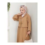 exxitcollection Kadın Tesettür Gofre Kumaş Crop Sütlü Kahve Önden Bağlamalı Şık Modern Etekli İkili Kimono Takım