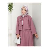 exxitcollection Kadın Tesettür Gofre Kumaş Pudra Pembe Crop Bağlamalı Şık Modern Etekli İkili Kimono Takım