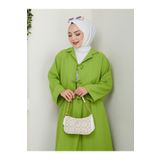 exxitcollection Kadın Tesettür Gofre Kumaş Yağ Yeşili Crop Bağlamalı Şık Modern Etekli İkili Kimono Takım
