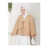 exxitcollection Kadın Tesettür Keten Önü Bağlamalı 2 Bağcıklı Modern Şık Etek Üsttü Bej Taş Kimono Gömlek