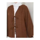 exxitcollection Kadın Tesettür Keten Önü Bağlamalı 2 Bağcıklı Modern Şık Etek Üsttü Kahverengi Kimono Gömlek
