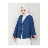 exxitcollection Kadın Tesettür Keten Önü Bağlamalı 2 Bağcıklı Modern Şık Etek Üsttü Petrol Mavisi Kimono Gömlek