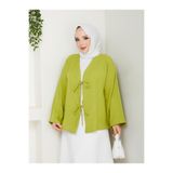 exxitcollection Kadın Tesettür Keten Önü Bağlamalı 2 Bağcıklı Modern Şık Etek Üsttü Yağ Yeşili Kimono Gömlek