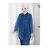 exxitcollection Kadın Tesettür Kot Takım Önü Düğme Cep Detaylı Ceket Tunik Boy Pantolon Takım