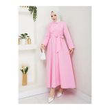 exxitcollection Kadın Tesettür Pembe Sabit Kuşaklı Modern Şık Uzun Gece Elbise Kıyafet