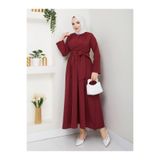 exxitcollection Kadın Tesettür Terikoton Bordo Sabit Şık ve Rahat Kesim Sabit Kuşaklı Uzun Elbise Kıyafet