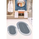 EY HOME Dijital Baskılı Yıkanabilir Bathroom Yazılı Oval Banyo Paspası Klozet Takımı, OKLZT-1-GRİ,