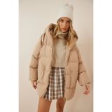 eybetsa kapüşonlu oversize şişme mont bej