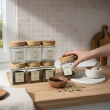 EYD 12 Adet 300ML Bambu Kapaklı Baharatlık Vida Kapaklı Cam Kavanoz (Etiket)