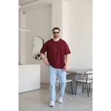 EYDAMOON Erkek Oversize Modal Kumas Solmayan Canlı Renk Ipeksi Dokulu T-Shirt - Bordo - 2XL