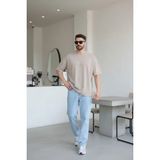 EYDAMOON Erkek Oversize Modal Kumas Solmayan Canlı Renk Ipeksi Dokulu T-Shirt - Taş - 2XL