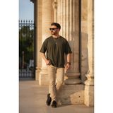 EYDAMOON Erkek Regular Likralı %100 Pamuklu Kumaş Rahat Kesim Kısa Kollu T-Shirt - Haki - 2XL