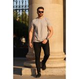 EYDAMOON Erkek Regular Likralı %100 Pamuklu Kumaş Rahat Kesim Kısa Kollu T-Shirt - Taş