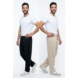 EYDAMOON Erkek Siyah-Bej Baggy Kesim Bel Lastikli Bol Paça Pike Kumaş Rahat Kalıp Pantolon - 2XL - Çok Renkli
