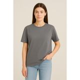 Eydamoon Kadın Regular Likralı Süprem %100 Pamuk Kumaş Bisiklet Yaka Basic T-Shirt - Füme