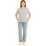 Eydamoon Kadın Regular Likralı Süprem %100 Pamuk Kumaş Bisiklet Yaka Basic T-Shirt - Taş - XL
