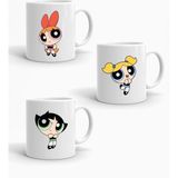 EyER Shoping Powerpuff Girls Baskılı 3'lü Porselen Kupa Seti - Beyaz