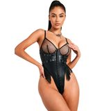 eyetis Kadın Siyah Transparan File Bodysuit Derili Püsküllü Fantezi Body Seksi İç Giyim Gecelik