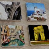 Eyfel Kulesi Santorini Venedik ve Zafer Takı Doğal Taş Bardak Altlığı 4'lü set - Natural Stone Coasters