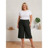 Eyfuze Kadın Büyük Beden Bürümcük Kumaş Bol Paça Beli Lastikli Kapri Pantolon - Siyah 01 - 6XL