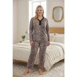 Eyfuze Kadın Büyük Beden Desenli Yakası Düğmeli Uzun Kollu Bambu Pijama Takımı - Leopar - 3XL