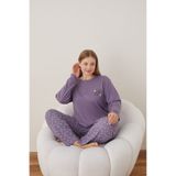 Eyfuze Kadın Kışlık Büyük Beden Curve Nakışlı Desenli Yakası Düğmeli Uzun Kollu Pijama Takımı