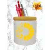 Eylül Design Ayçiçek Baskılı Seramik Kalemlik Ahşap Detaylı Kalem Kutusu Doğum Günü Hediyesi
