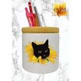 Eylül Design Ayçiçek Içinde Kedi Baskılı Seramik Kalemlik Ahşap Detaylı Kalem Kutusu Doğum Günü Hediyesi