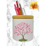 Eylül Design Çiçek Açan Ağaç Baskılı Seramik Kalemlik Ahşap Detaylı Kalem Kutusu Doğum Günü Hediyesi