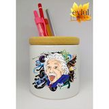 Eylül Design Einstein Baskılı Seramik Kalemlik Ahşap Detaylı Makyaj Fırça Kutusu Kalem Kutusu