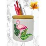 Eylül Design Flamingo Baskılı Seramik Kalemlik Ahşap Detaylı Kalem Kutusu Doğum Günü Hediyesi