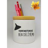Eylül Design Hanımefendi Ben Deliyem Yazılı Eğlenceli Baskılı Seramik Kalemlik Ahşap Detaylı Kalem Kutusu
