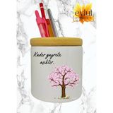 Eylül Design Kader Gayrete Aşıktır Yazılı Pembe Çiçekli Ağaç Baskılı Seramik Kalemlik Ahşap Detaylı Kalem Kutusu
