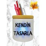 Eylül Design Kendin Tasarla Özel Tasarım Baskılı Seramik Ahşap Detaylı Masaüstü Kalemlik