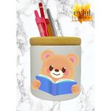 Eylül Design Kitap Okuyan Ayıcık Baskılı Seramik Kalemlik Ahşap Detaylı Kalem Kutusu Doğum Günü Hediyesi