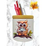 Eylül Design Kitap Okuyan Baykuş Baskılı Seramik Kalemlik Ahşap Detaylı Kalem Kutusu Doğum Günü Hediyesi