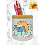 Eylül Design Kitap Okuyan Kedi Baskılı Seramik Kalemlik Ahşap Detaylı Kalem Kutusu Doğum Günü Hediyesi