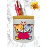 Eylül Design Kitap Okuyan Kediler Baskılı Seramik Kalemlik Ahşap Detaylı Kalem Kutusu Doğum Günü Hediyesi